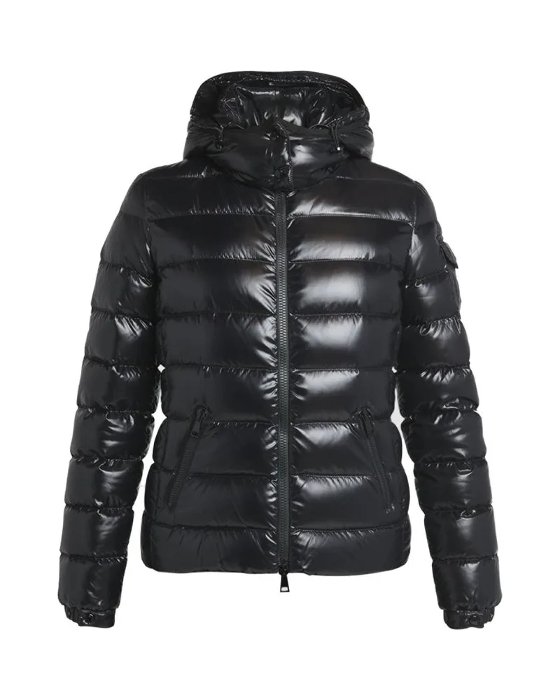 Jaqueta puffer preta acetinada com capuz